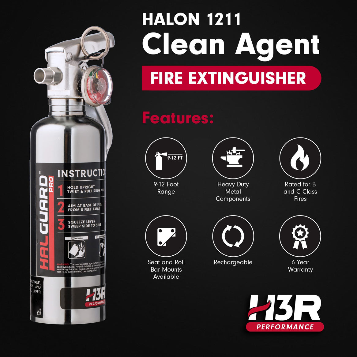 HalGuard PRO Halon Clean Agent Car Fire Extinguisher - 1.25 lb.